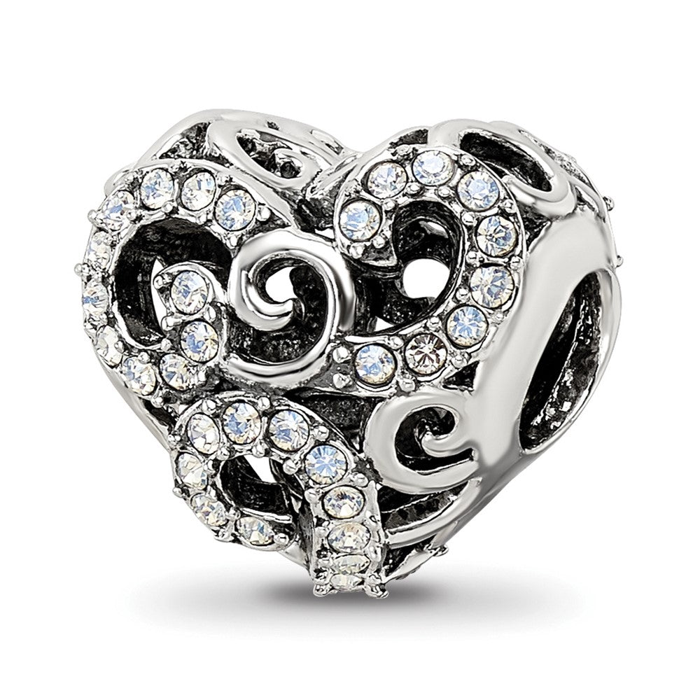 Sterling Silver Reflections Crystal Filigree Heart Bead, 10.91 x 12.73 mm