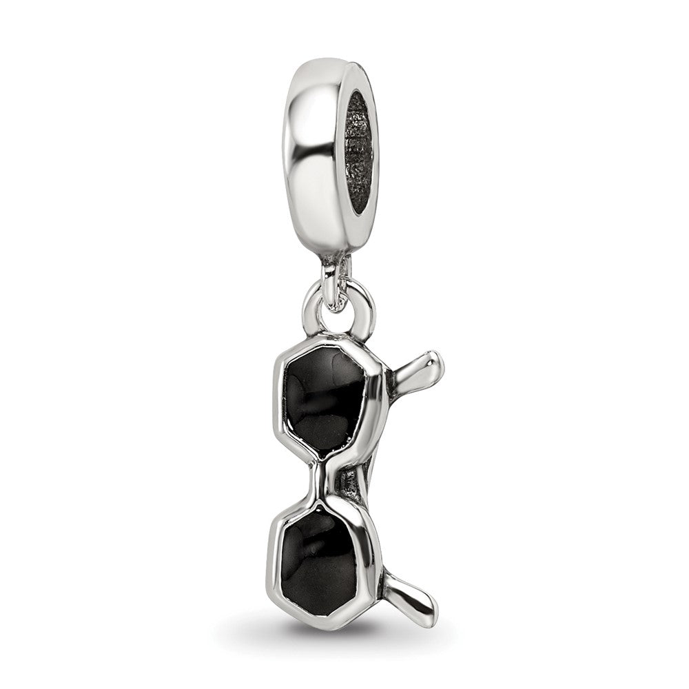 Sterling Silver Reflections Black Enamel Sunglasses Dangle Bead, 6.36 x 2.73 mm