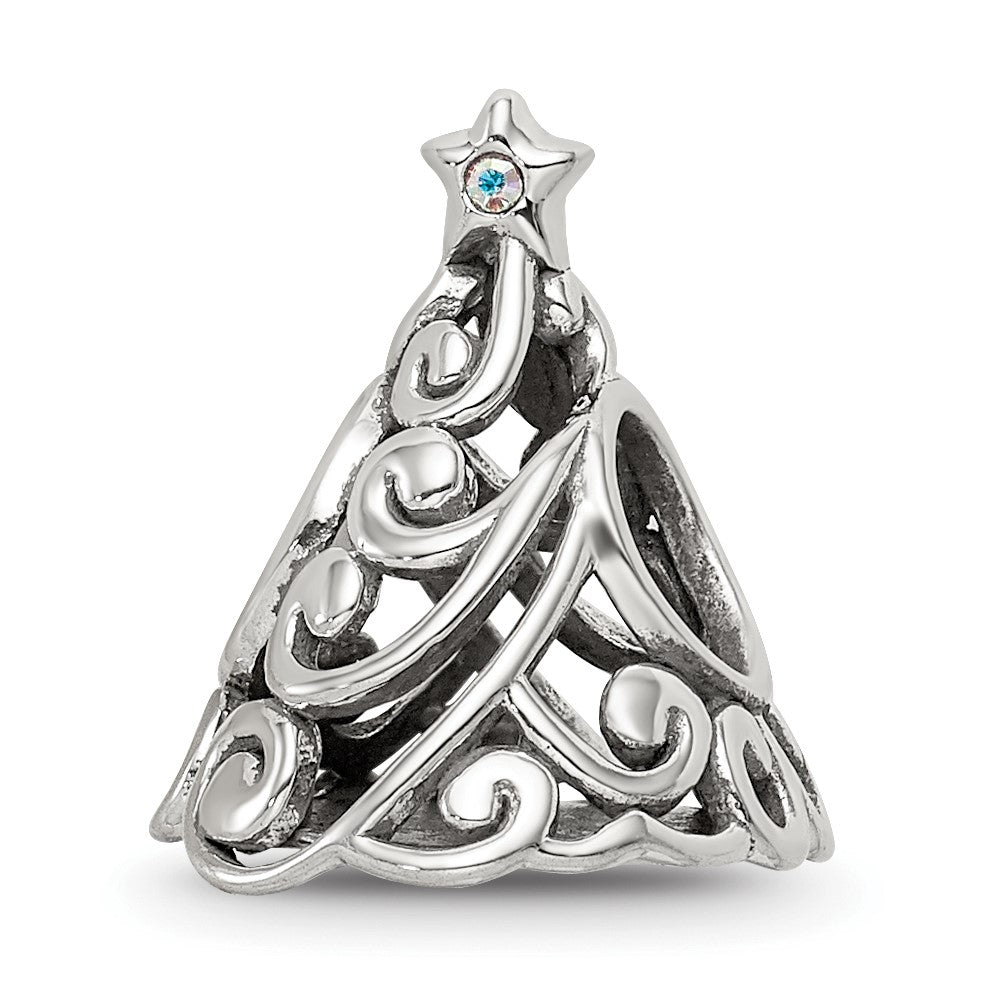 Sterling Silver Reflections Crystal Filigree Christmas Tree Bead, 14.55 x 11.82 mm