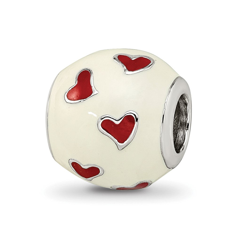 Sterling Silver Reflections Rhodium-plated Red & White Enamel Heart Bead, 10.91 x 10.91 mm