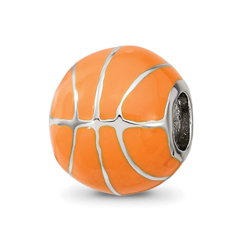 Sterling Silver Reflections Rhodium-plated Orange Enamel Basketball Bead, 10.91 x 10 mm