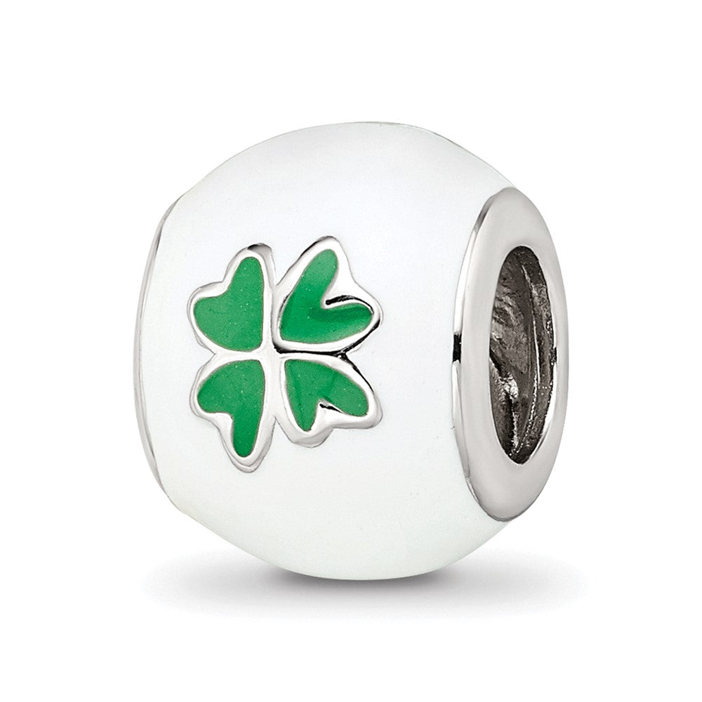 Sterling Silver Reflections Rhodium-plated White & Green Enamel Clover Bead, 11.82 x 9.09 mm