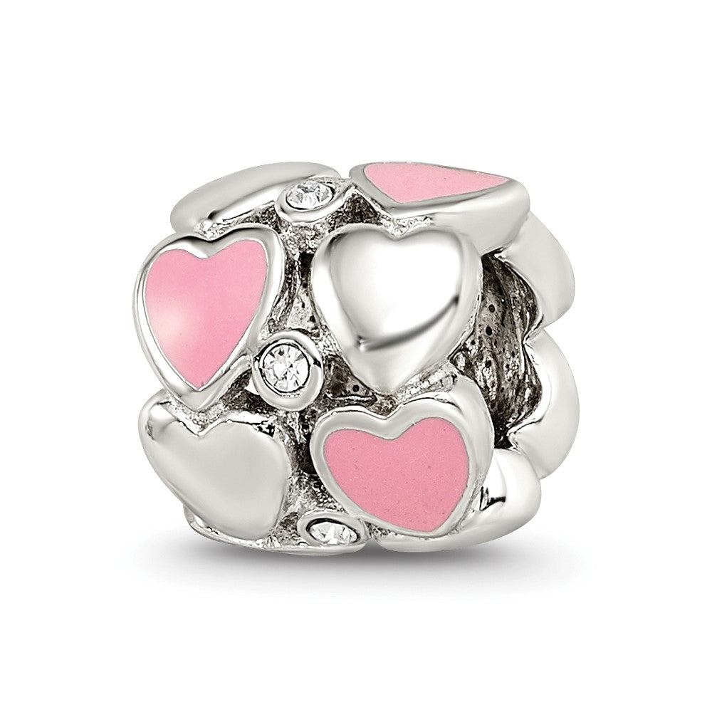 Sterling Silver Reflections Pink Enamel Crystal Hearts Bead, 10.91 x 10 mm