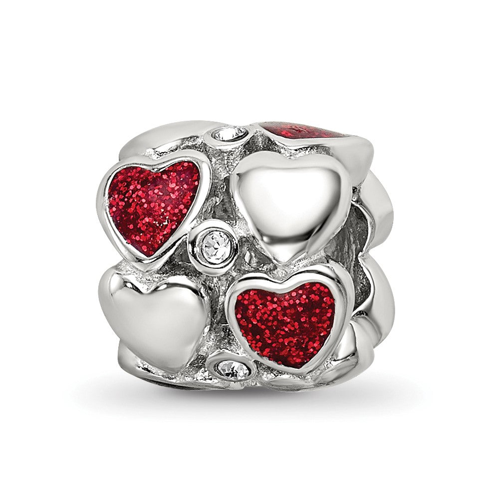 Sterling Silver Reflections Red Enamel Crystal Hearts Bead, 10.91 x 10 mm