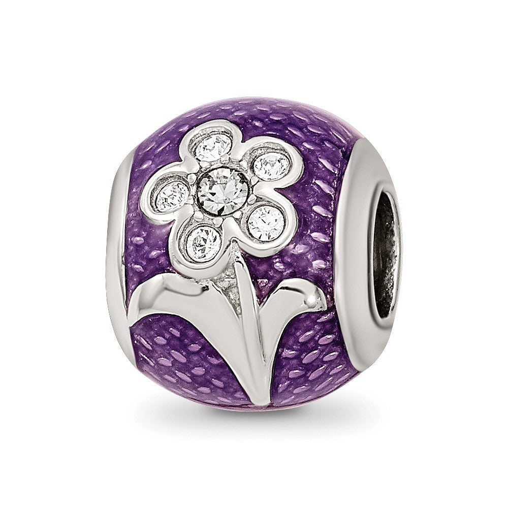 Sterling Silver Reflections Purple Enam with crystals Flower Bead, 10.91 x 9.09 mm