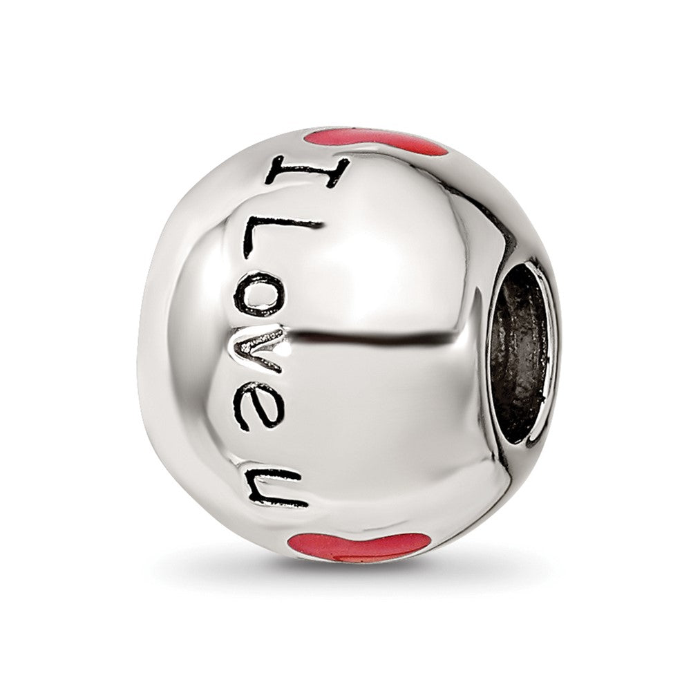 Sterling Silver Reflections Rh-plated Black & Red Enamel I LOVE U Bead, 10.91 x 10 mm