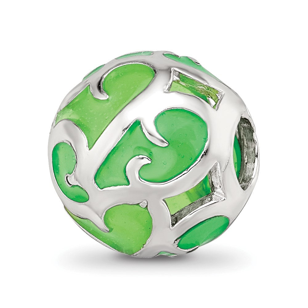 Sterling Silver Reflections Green Filigree Enameled Bead, 10 x 10 mm