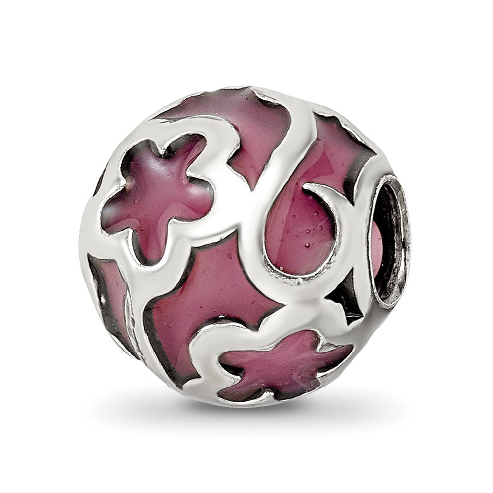 Sterling Silver Reflections Purple Floral Enameled Bead, 10 x 10 mm
