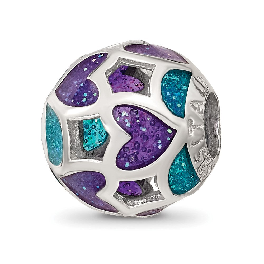 Sterling Silver Reflections Blue/Purple Heart Enameled Bead, 10 x 10 mm
