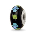 Ster.Silver Reflections Black Hand Painted Blue Floral Fenton Glass Bead
