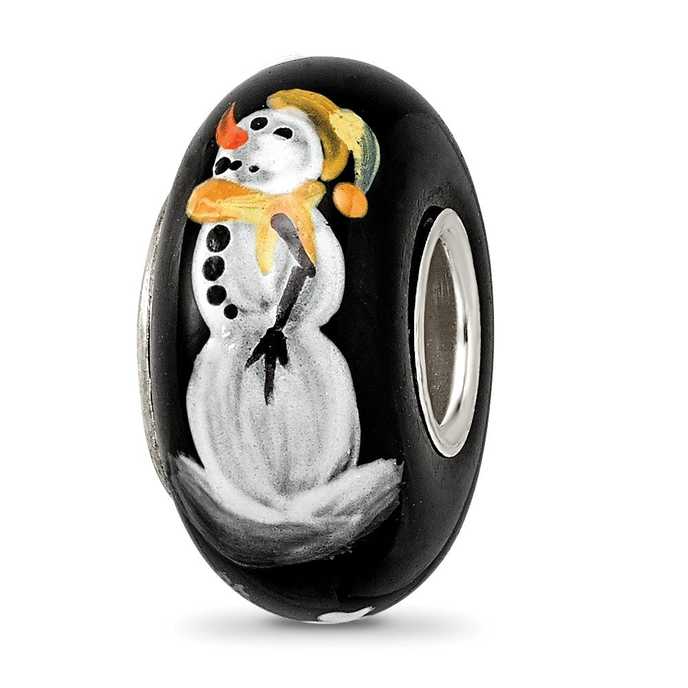 Sterling Silver Reflections Black Snowman Frosty Nights Fenton Glass Bead, 14.5 x 7.6 mm