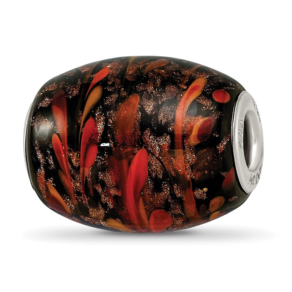 Sterling Silver Reflections Black & Orange Autumn Fires Fenton Glass Bead, 20.2 x 15.8 mm