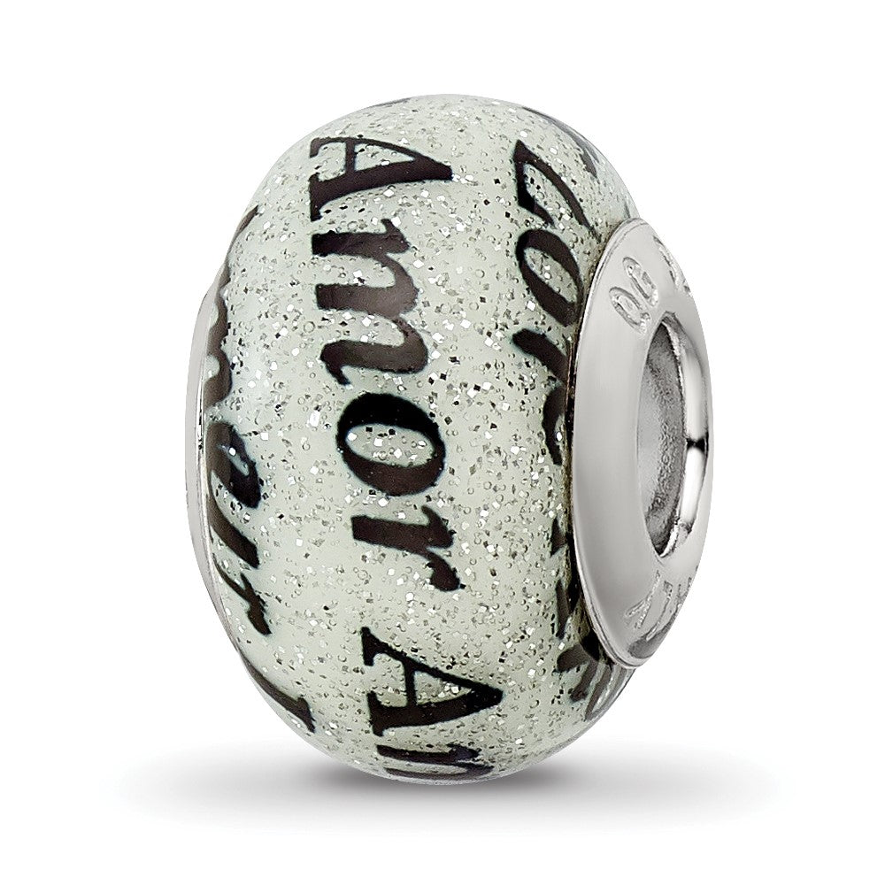 Sterling Silver Reflections Love/Amor Black & White Glitter Italian Glass, 14.5 x 10.3 mm