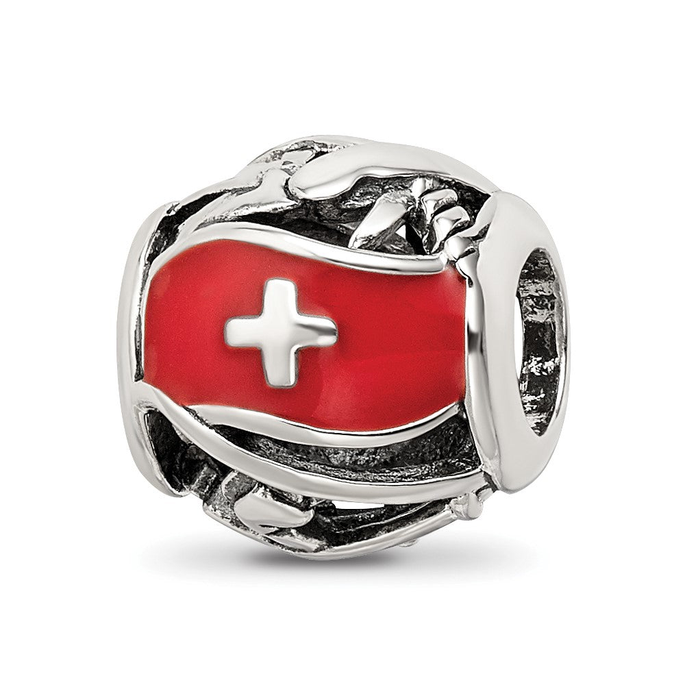 Sterling Silver Reflections Enameled Switzerland Theme Bead, 10.6 x 10.6 mm