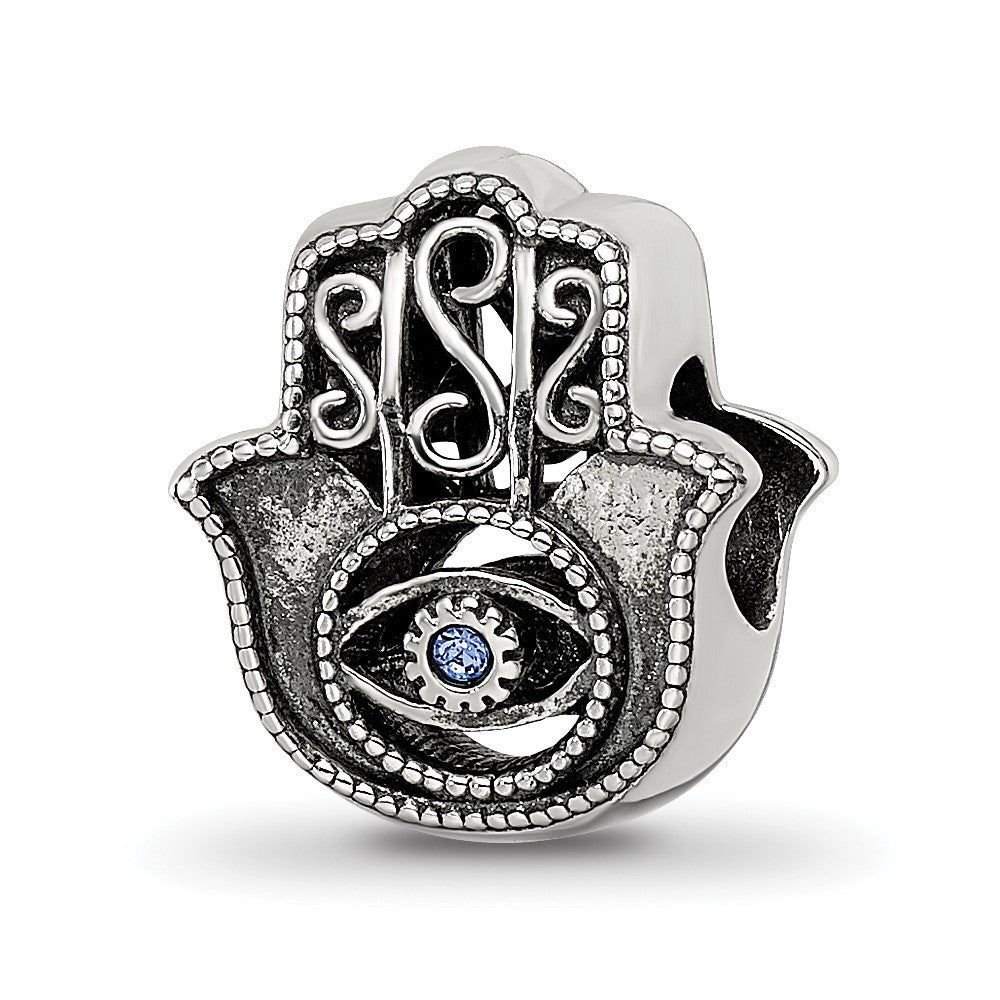 Sterling Silver Reflections Antiqued Blue Crystal Hamsa/Chamseh Bead, 12.5 x 10.8 mm