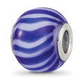 Sterling Silver Reflections Rhodium-plated Blue & White Striped Glass Bead, 14.4 x 11.4 mm