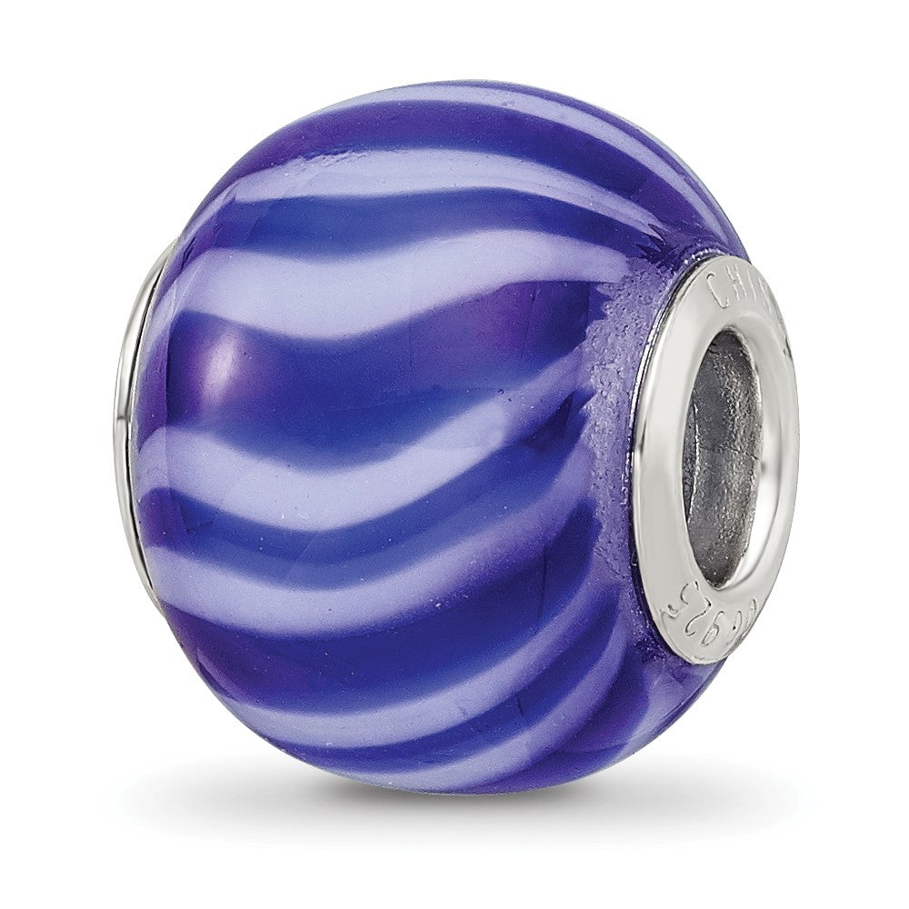 Sterling Silver Reflections Rhodium-plated Blue & White Striped Glass Bead, 14.4 x 11.4 mm