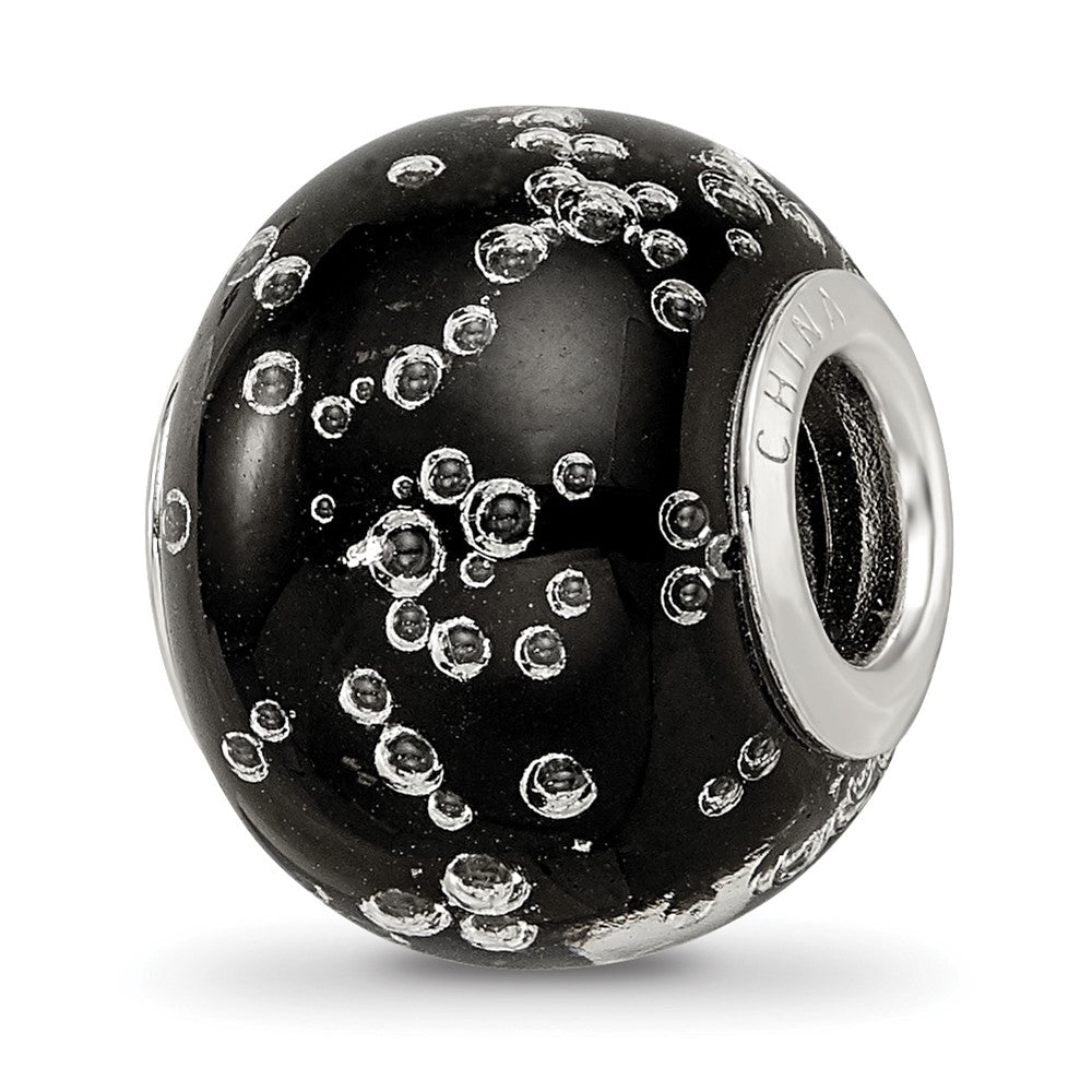 Sterling Silver Reflections Rhodium-plated Bubbles Black Glass Bead, 14 x 11.4 mm