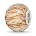 Sterling Silver Reflections Rh-plated Brown and White Striped Glass Bead, 14.4 x 11.4 mm