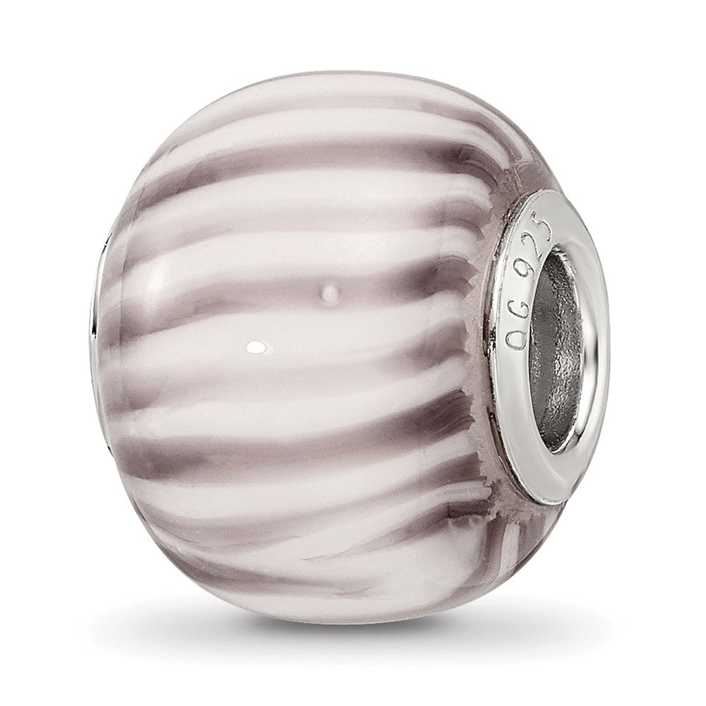 Sterling Silver Reflections Rh=plated Purple and White Striped Glass Bead, 14.4 x 11.4 mm