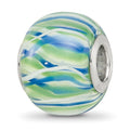 Sterling Silver Reflections Rh-plated Blue Green & White Striped Glass Bead, 14.4 x 11.4 mm