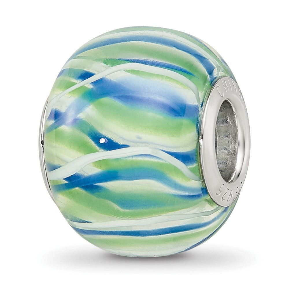 Sterling Silver Reflections Rh-plated Blue Green & White Striped Glass Bead, 14.4 x 11.4 mm
