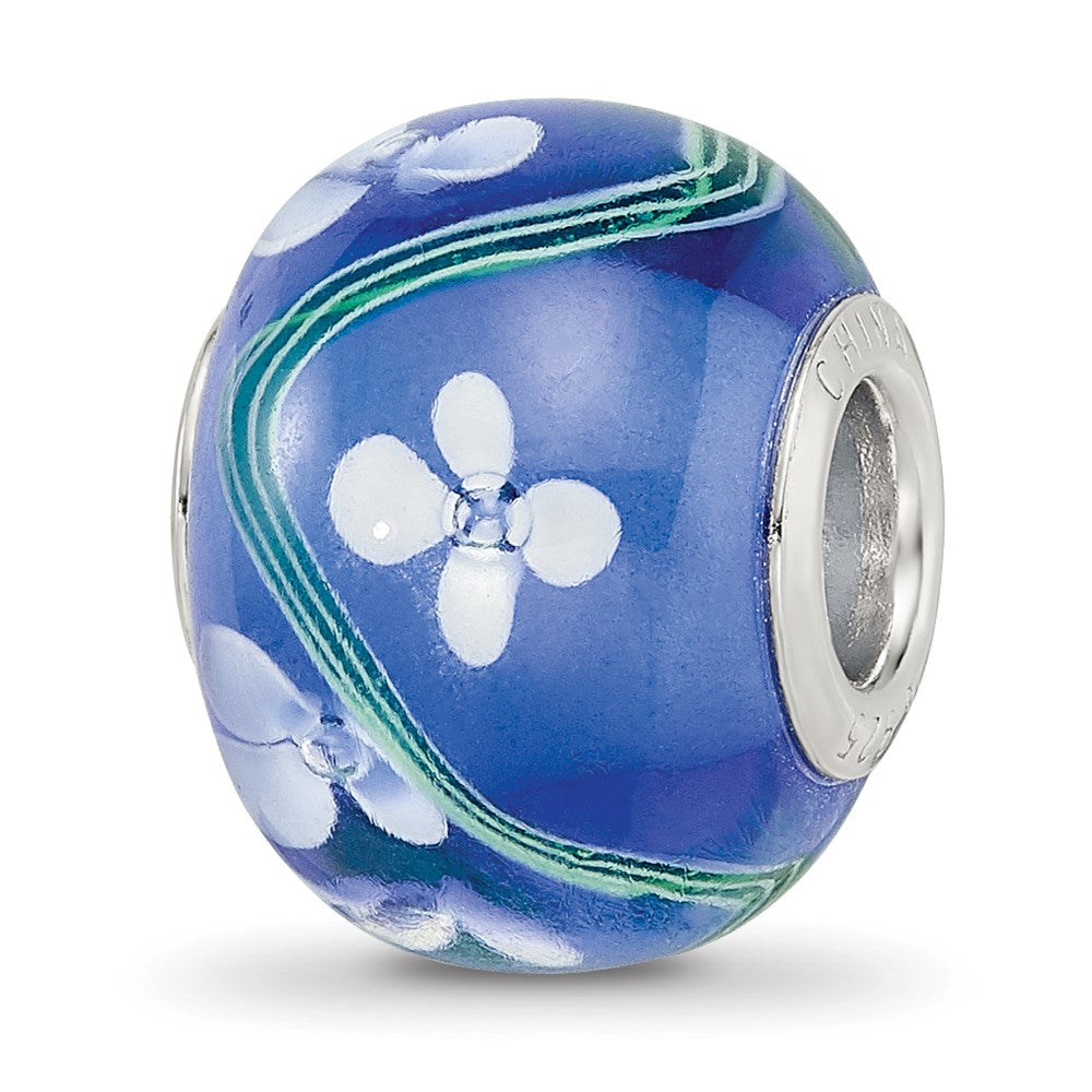 Sterling Silver Reflections Rhodium-plated White Floral Blue Glass Bead, 14.4 x 11.4 mm
