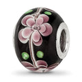 Sterling Silver Reflections Rh-plated Pink & Green Floral Black Glass Bead, 14.4 x 11.4 mm