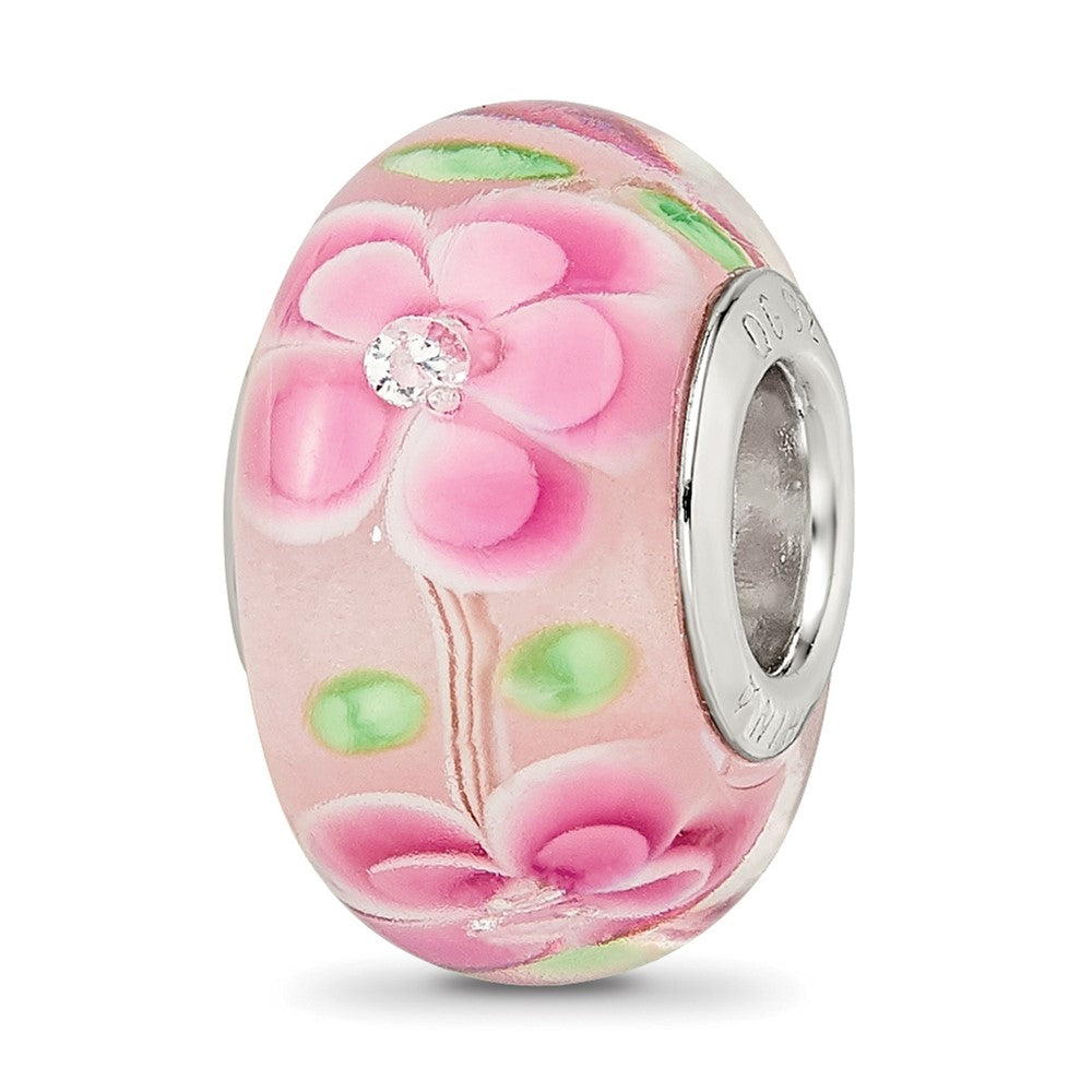 Sterling Silver Reflections Rhodium-plated CZ Pink Floral Glass Bead, 14.4 x 11.4 mm