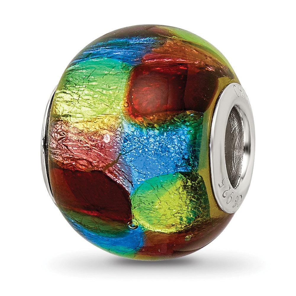 Sterling Silver Reflections Rh-plated Multi-colored Metallic Glass Bead, 14.4 x 11.4 mm