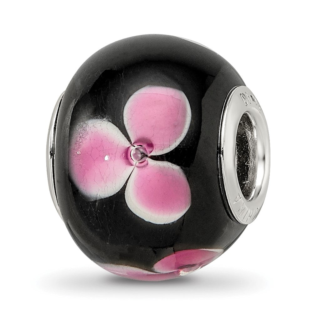 Sterling Silver Reflections Rh-plated Pink Floral Black Glass Bead, 14.4 x 11.4 mm