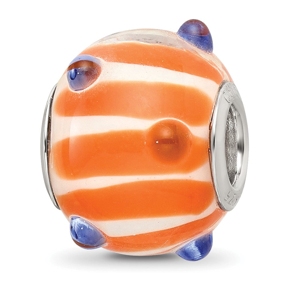 SS Reflections Rh-plated Blue Polka-dot Orange White Glass Bead, 14 x 11.5 mm