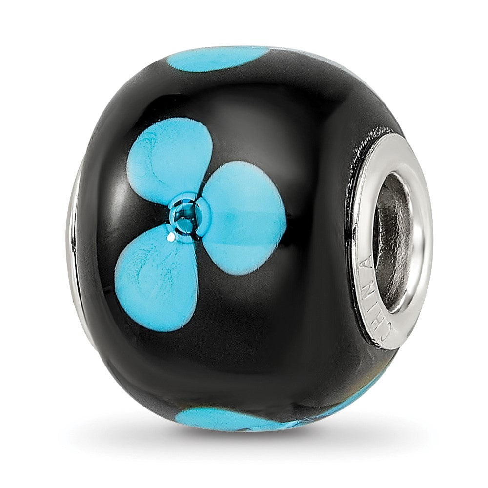 Sterling Silver Reflections Rhodium-plated Blue Floral Black Glass Bead, 14.4 x 11.4 mm