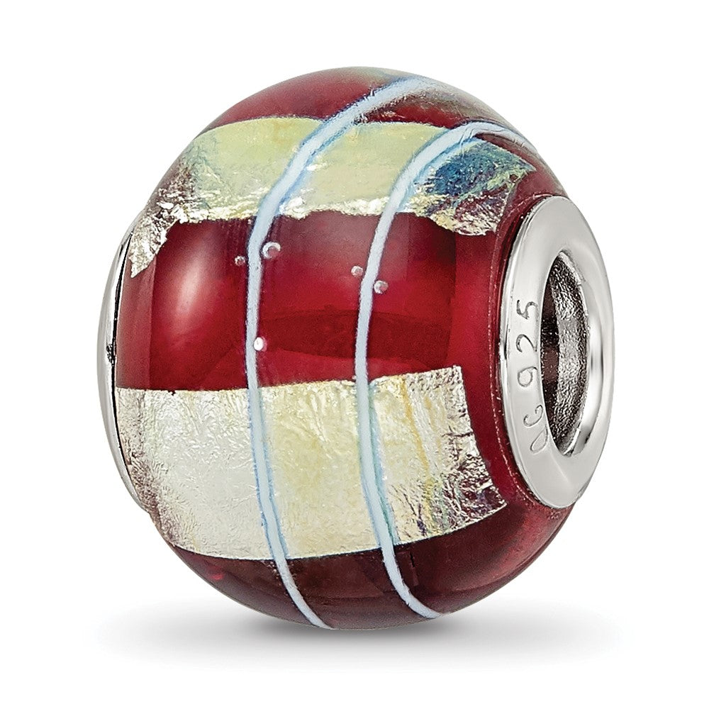 Sterling Silver Reflections Rhodium-plated Foil Striped Red Glass Bead, 14.4 x 11.4 mm