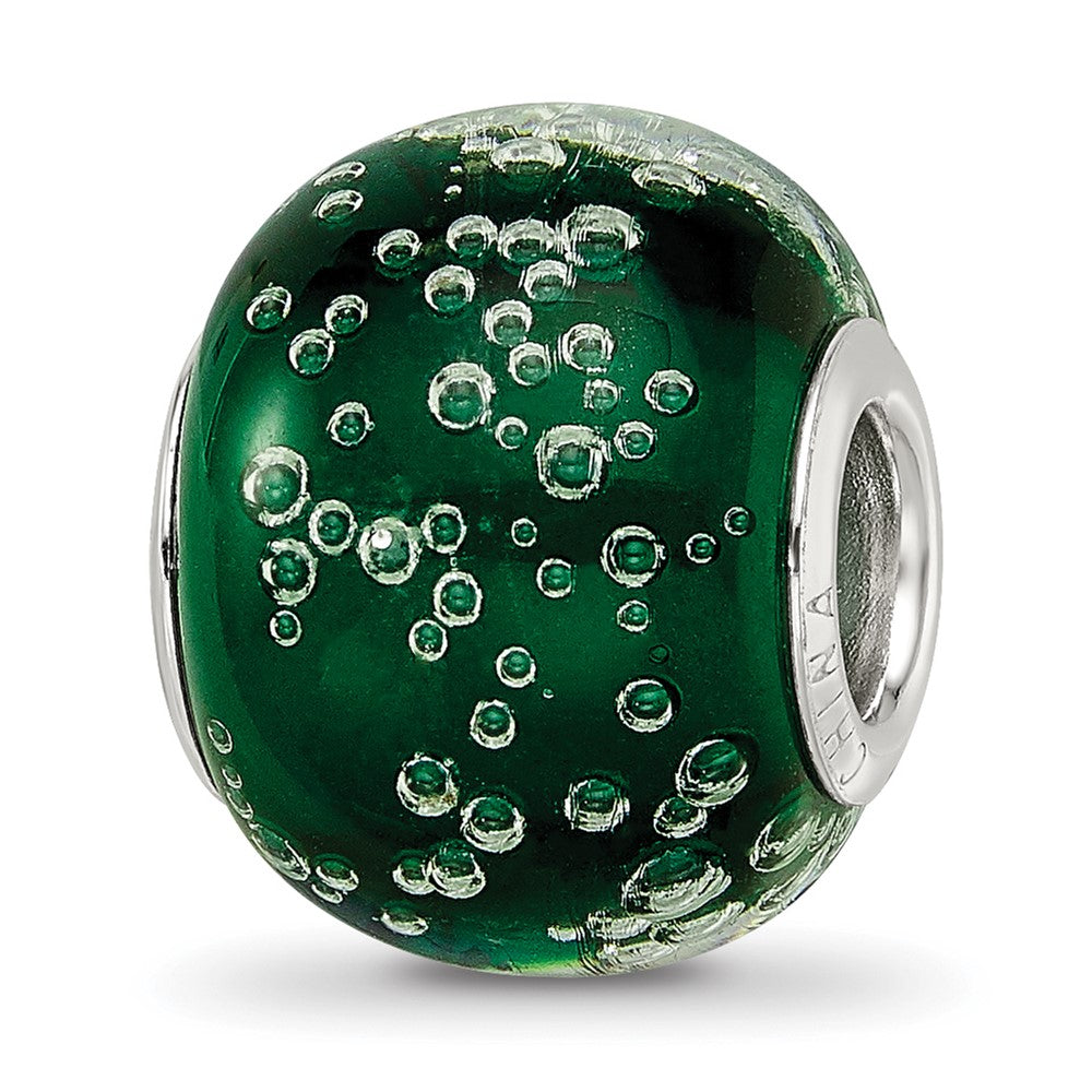 Sterling Silver Reflections Rh-plated Bubbles Green Glass Bead, 14.4 x 11.4 mm
