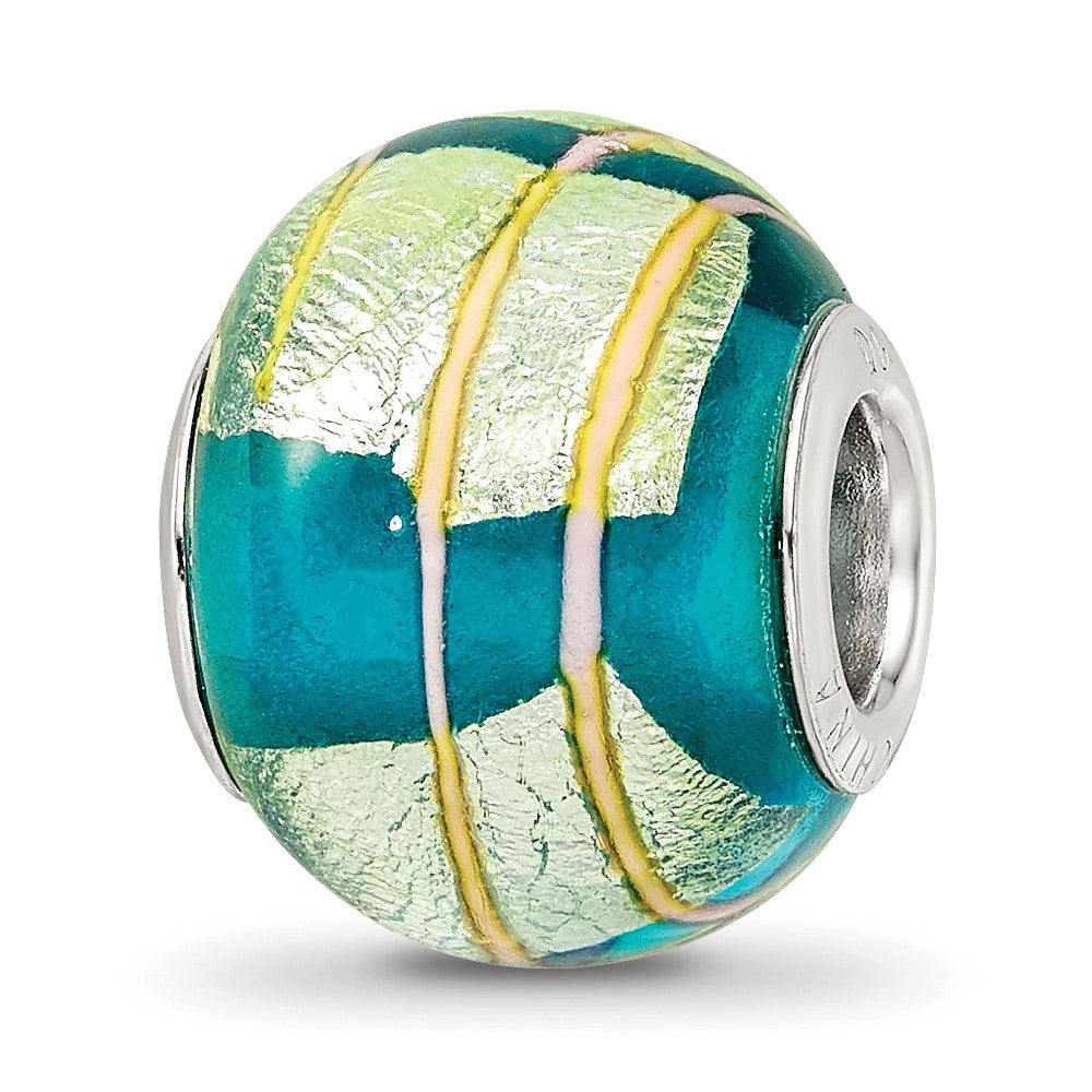 Sterling Silver Reflections Rh-plated Foil Pink Striped Blue Glass Bead, 14.4 x 11.4 mm