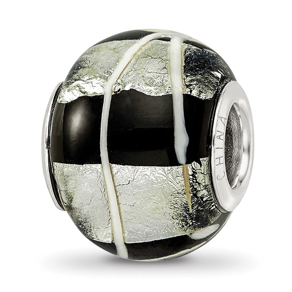Sterling Silver Reflections rh-plated Foil White Striped Black Glass Bead, 14.4 x 11.4 mm