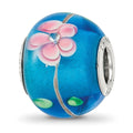 Sterling Silver Reflections rh-plated CZ Blue & Pink Floral Blue Glass Bead, 14.6 x 11.1 mm