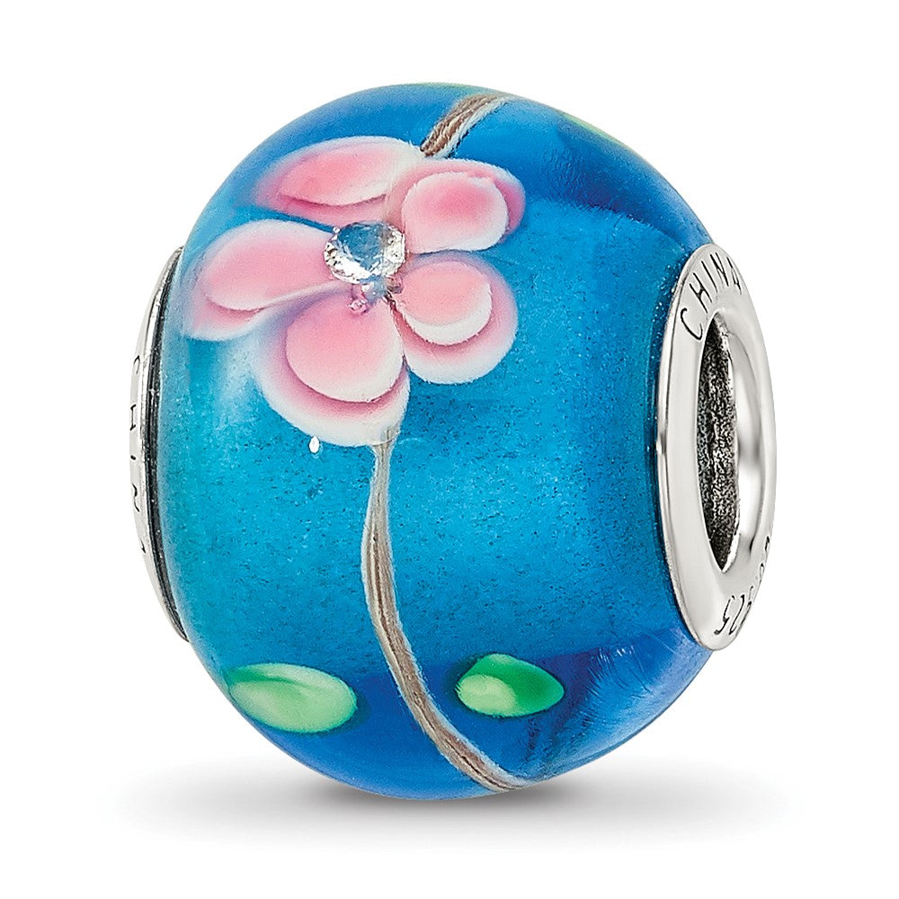 Sterling Silver Reflections rh-plated CZ Blue & Pink Floral Blue Glass Bead, 14.6 x 11.1 mm