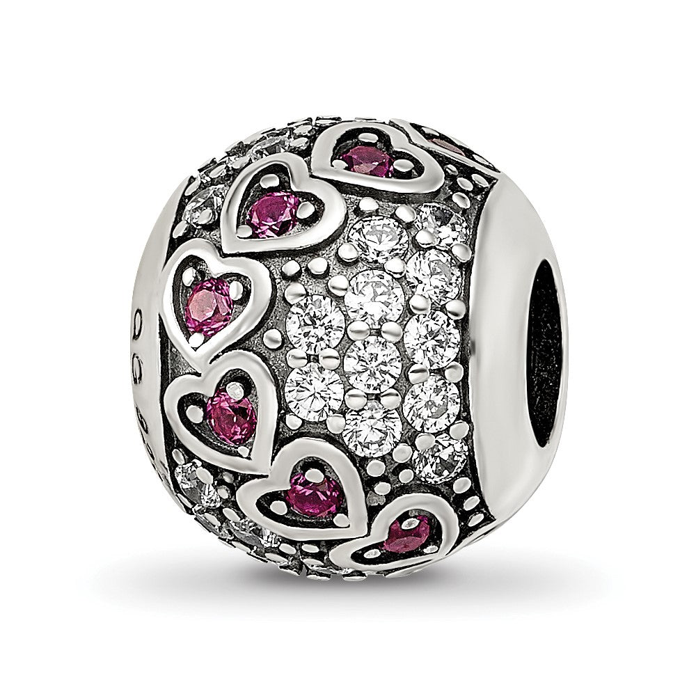 Sterling Silver Reflections Antiqued CZ & Red Corundum Hearts Bead, 11.8 x 10.4 mm