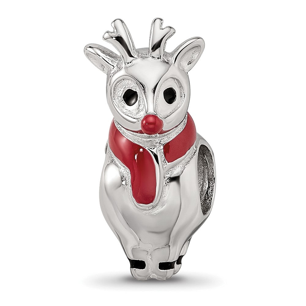 Sterling Silver Reflections Rhodium-plated Enameled Rudolph Bead, 16.8 x 7.2 mm