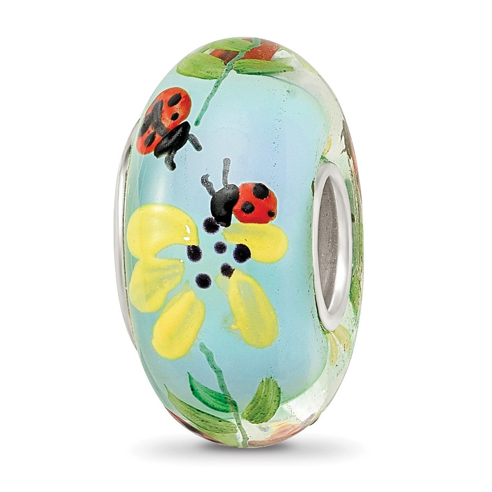 Ster.Silver Reflections Hand Painted Lady Bug Love Fenton Glass Bead, 14.6 x 14.6 mm