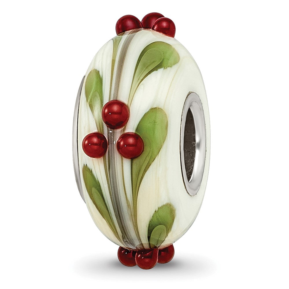 Ster.Silver Reflections Hand Paint Magical Holly-Days Fenton Glass Bead, 15.2 x 15.2 mm