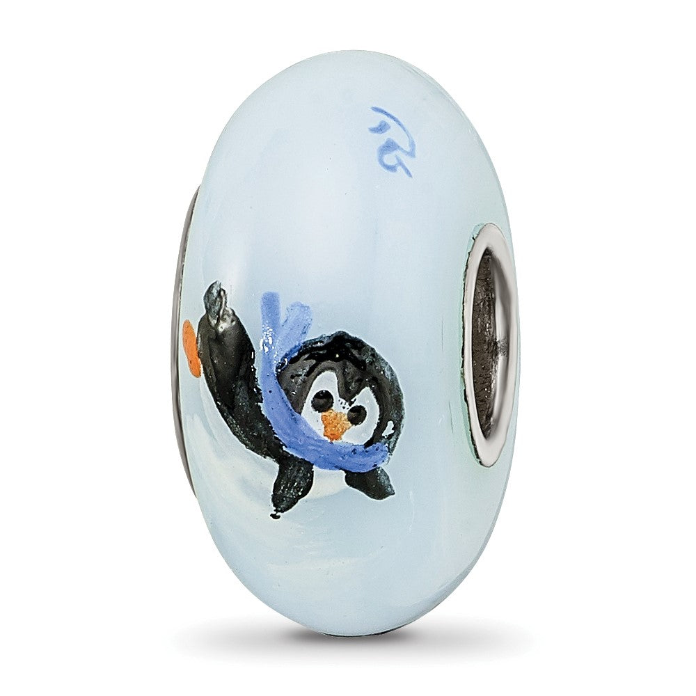 Ster.Silver Reflections Hand Painted Penguin Frolic Fenton Glass Bead, 14.9 x 14.9 mm