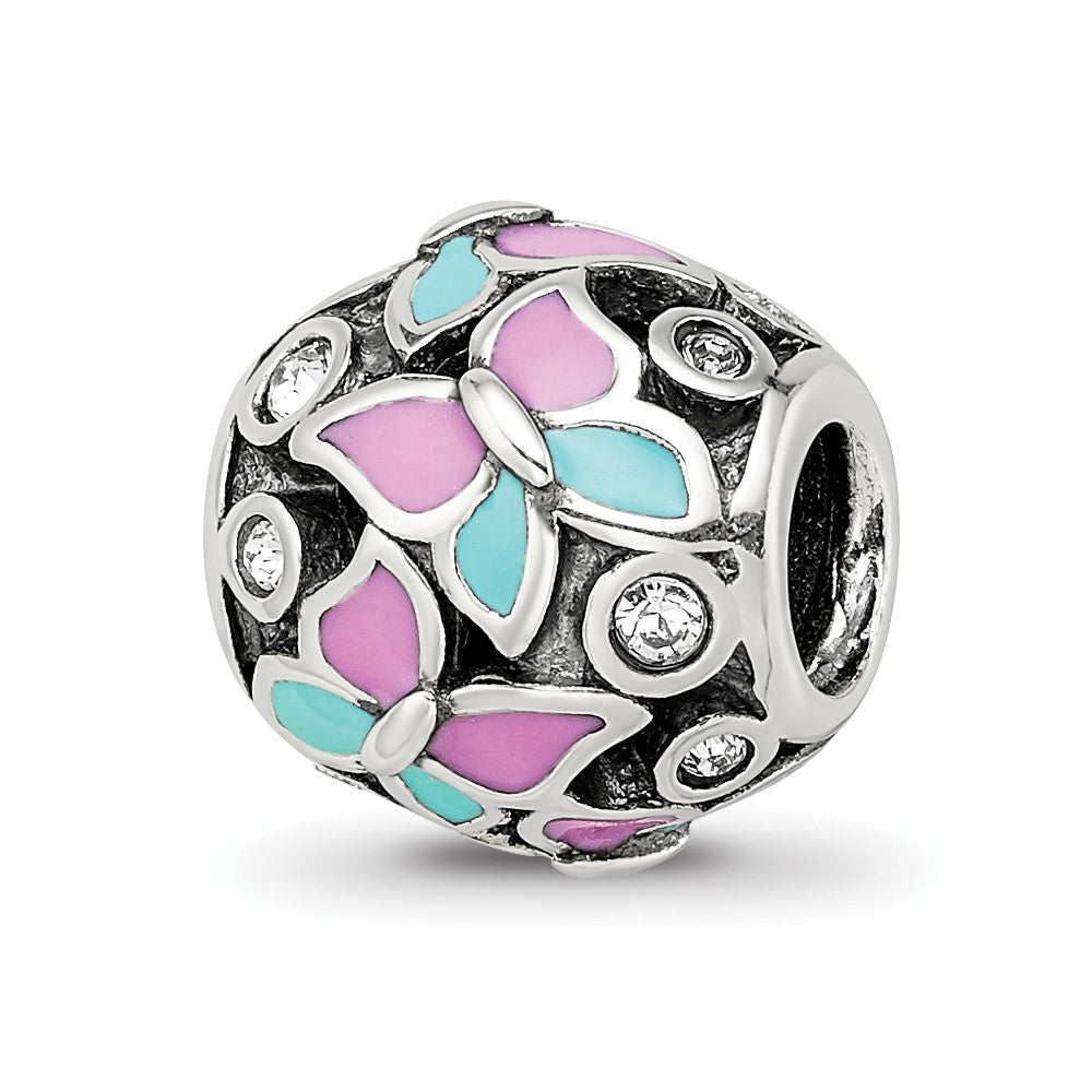 Sterling Silver Reflections Pink & Blue Enameled CZ Butterfly Bead, 9.99 x 10.1 mm