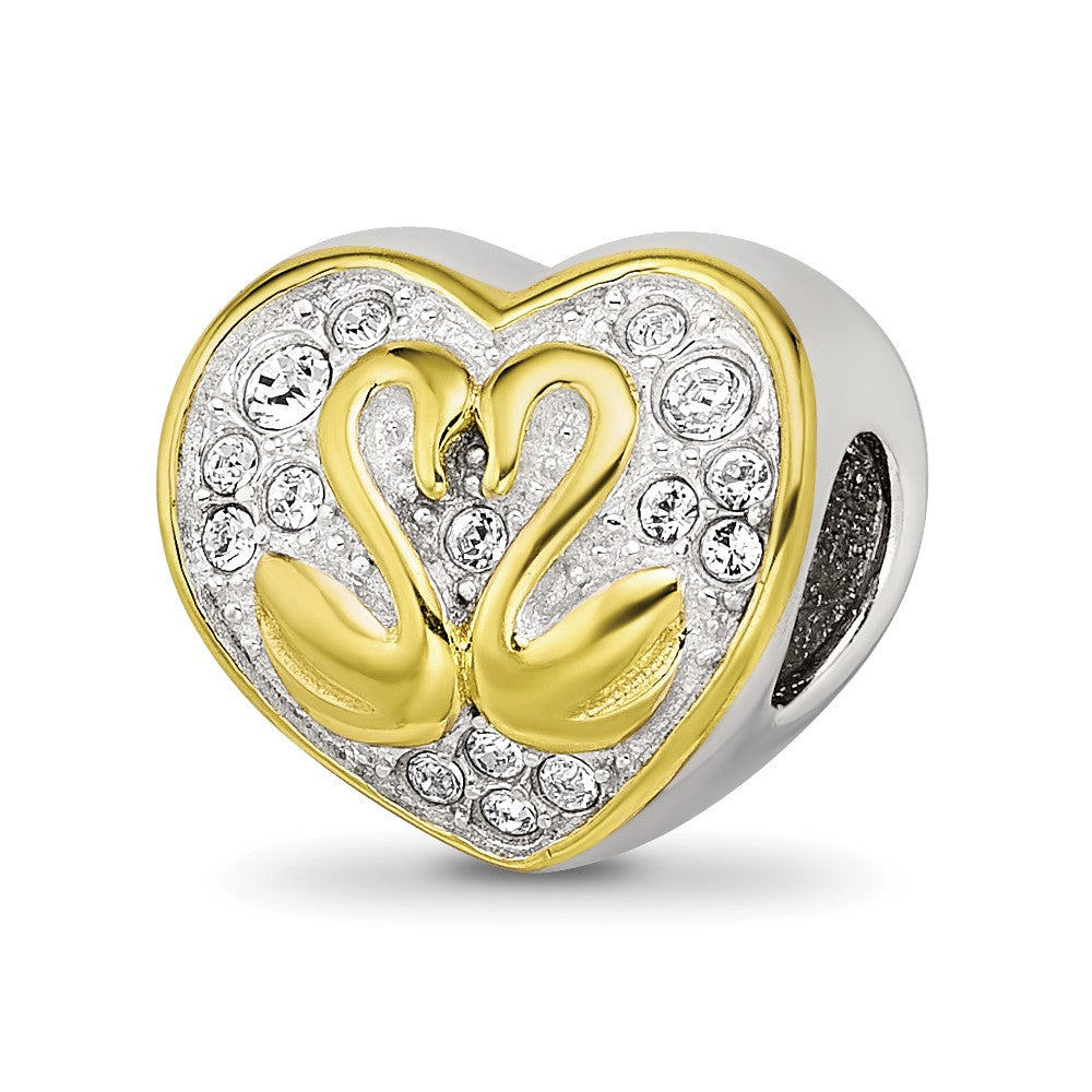 Sterling Silver Reflections Pink Enameled, Yellow IP-Plated CZ Swans Bead, 10.66 x 11.78 mm
