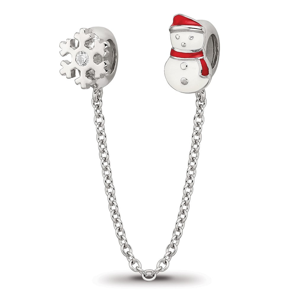 Reflections Sterling Silver Rhodium-plated 3in Security Chain Snowman & flake CZ Bead, 10.57 x 6.64 mm