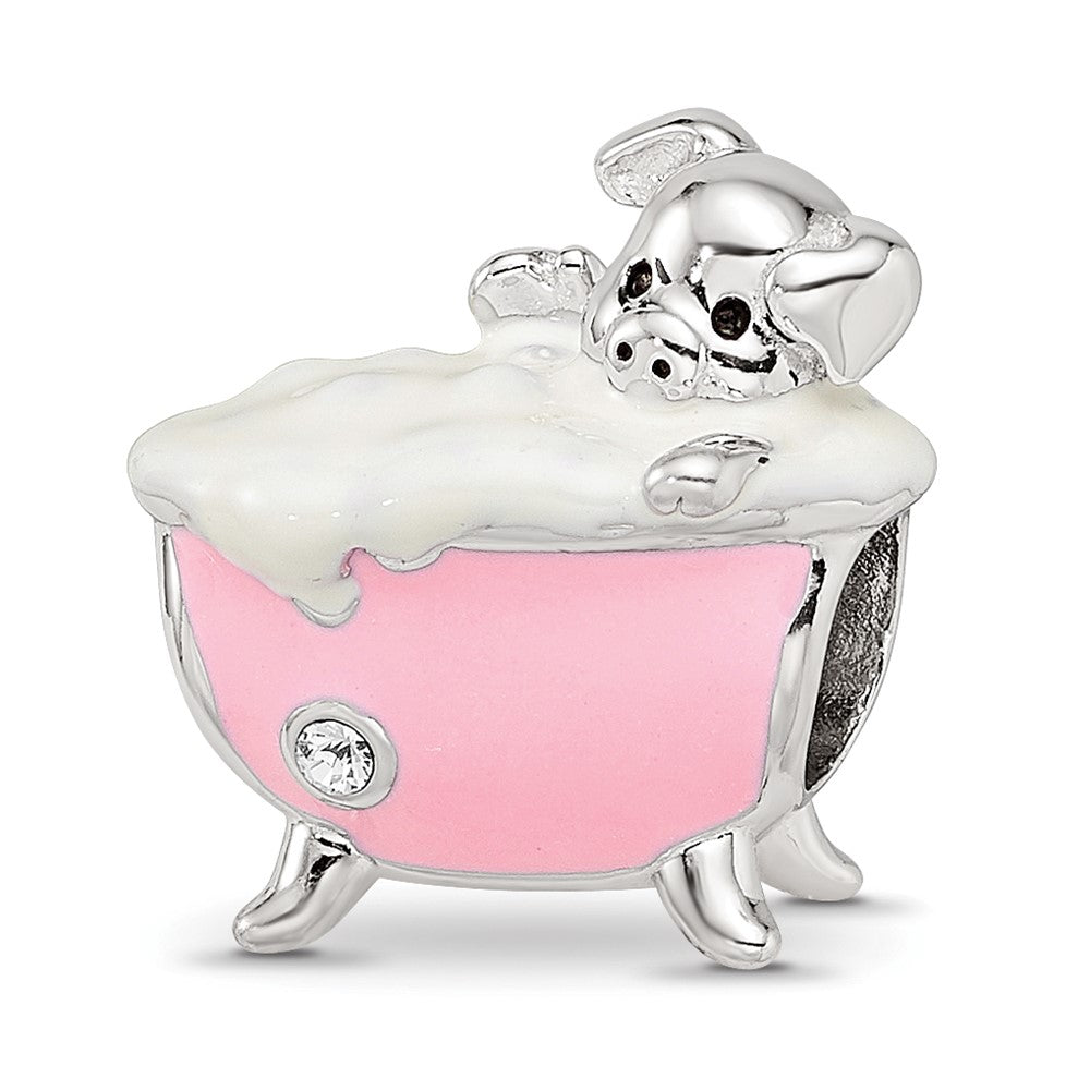 Sterling Silver Reflections Rh-plated Pink Enamel & CZ Pig In Bathtub Bead, 9.48 x 13.13 mm