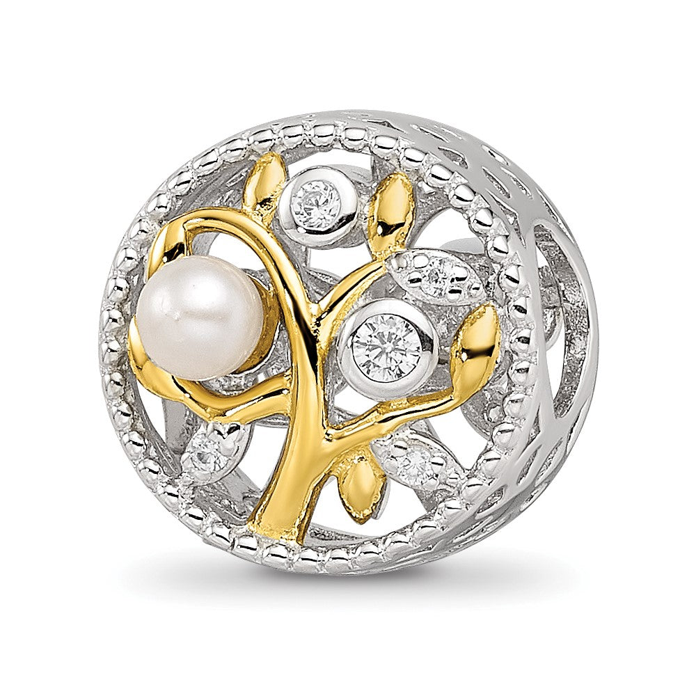 Sterling Silver Reflections Rh-plate Gold-tone FWC Pearl & CZ Tree Bead, 11.88 x 11.15 mm