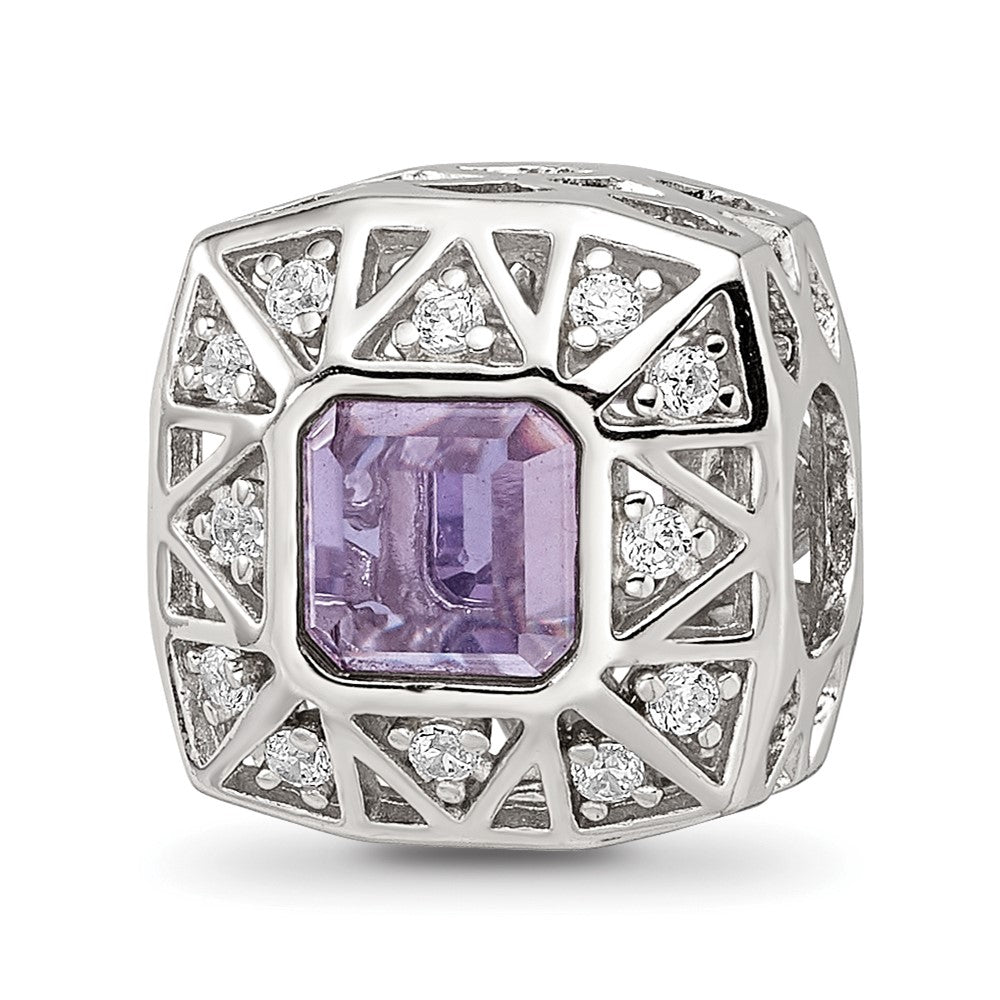 Sterling Silver Reflections Rh-plated Purple & CZs Cut Out Square Bead, 11.59 x 11.54 mm